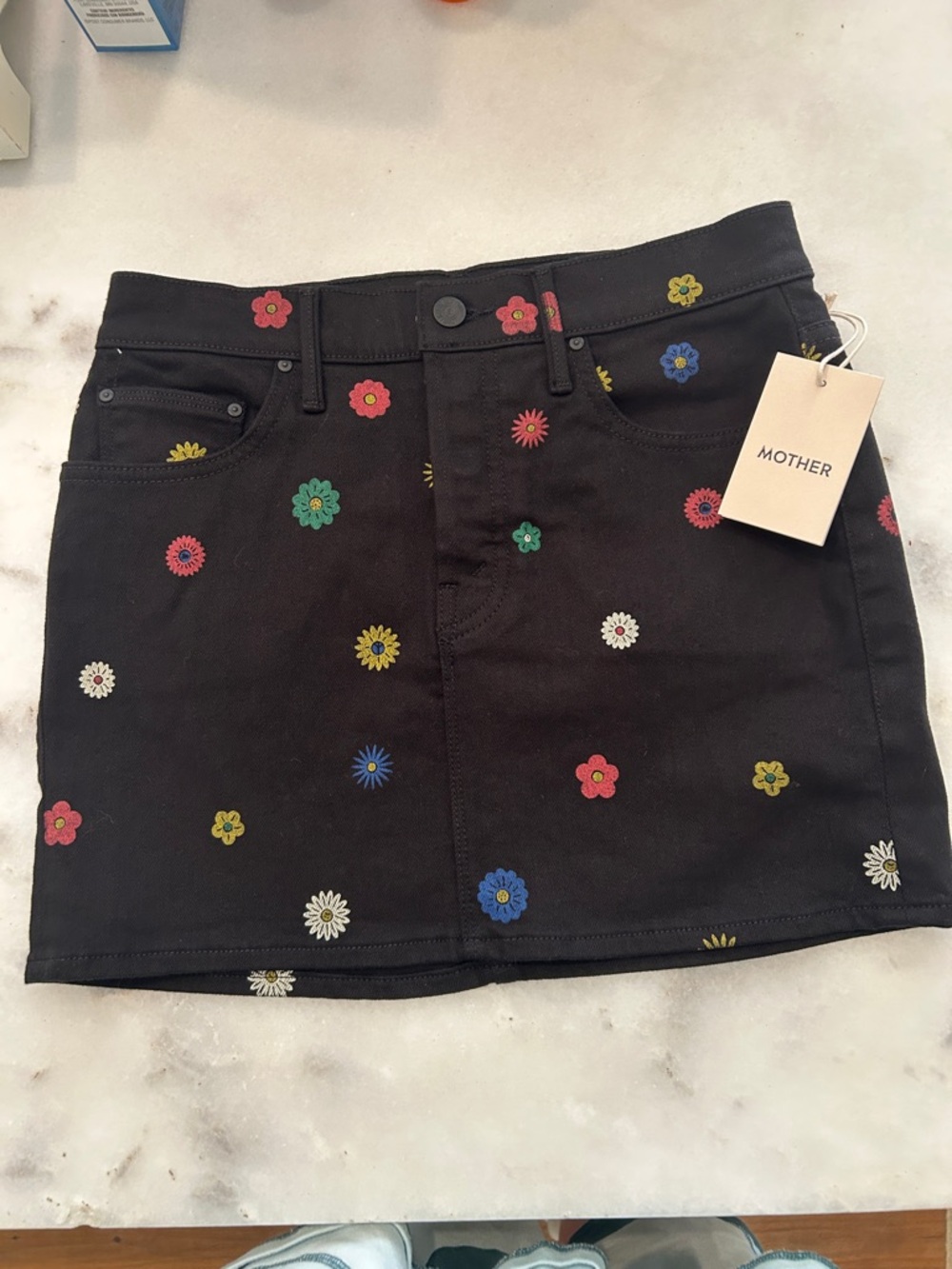 MOTHER Vagabond Black Denim Mini Skirt.  Wash: Fresh As A Daisy-size 26